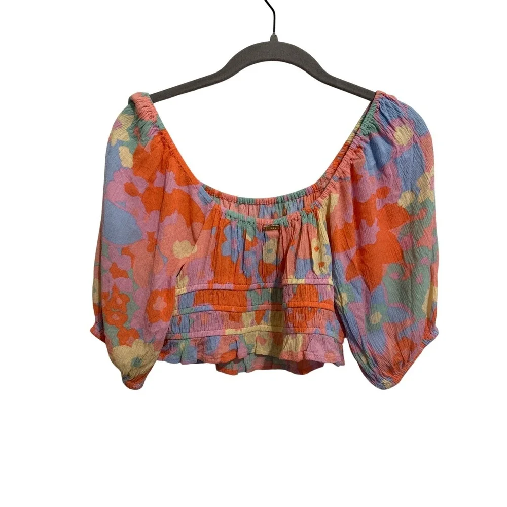 Billabong Keep Dreaming Floral Crinkle Smocked Crop‎ Top Boho Festival Beachy M